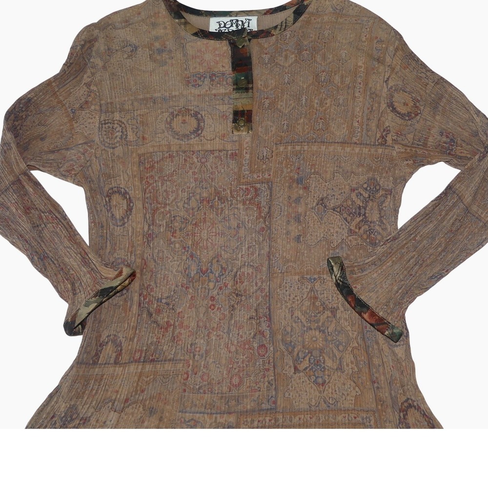 Donna Jessica Vintage Crinkle Tapestry Print Henley Tunic Top Womens Sz M